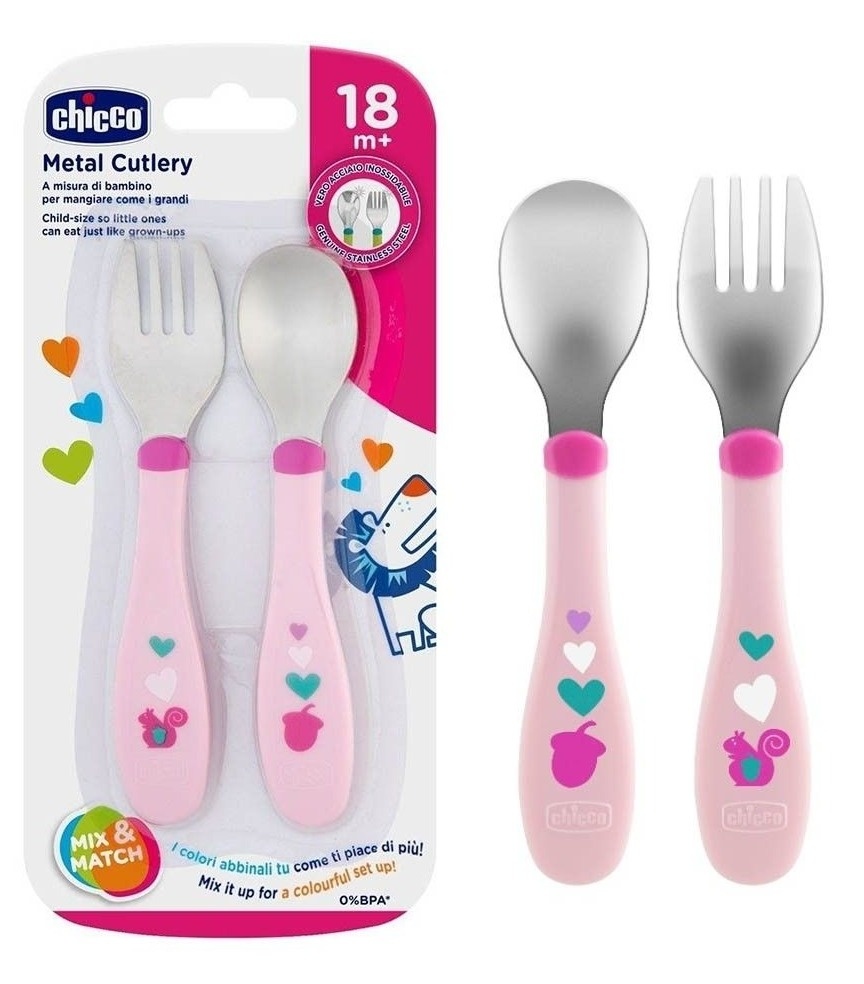 CHICCO metalna kašika i viljuška (18m+) roze