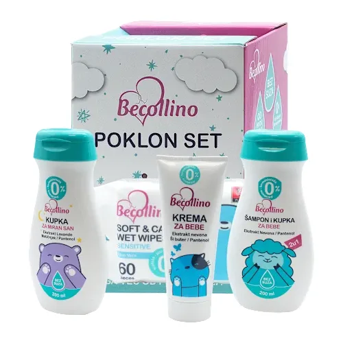 Poklon set BECOLLINO (krema, šampon, kupka, vlažne maramice)