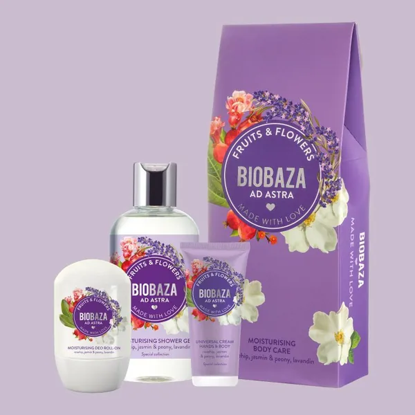 Setovi za negu tela BIOBAZA Fruits&Flowers Ad Astra poklon set (gel250ml+roll-on50ml+krema50ml)